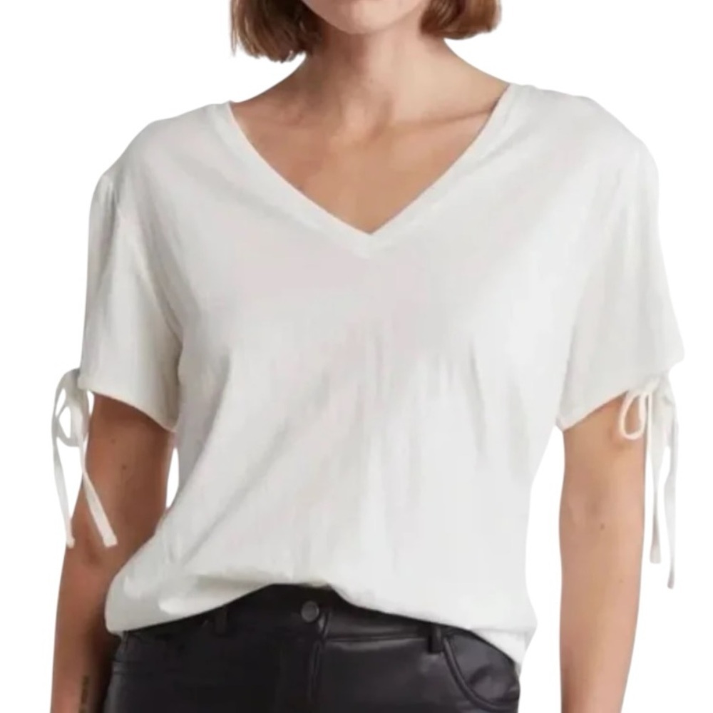 AllSaints Women’s White V-Neck Tie Sleeve Top – Size L 100% Organic Cotton